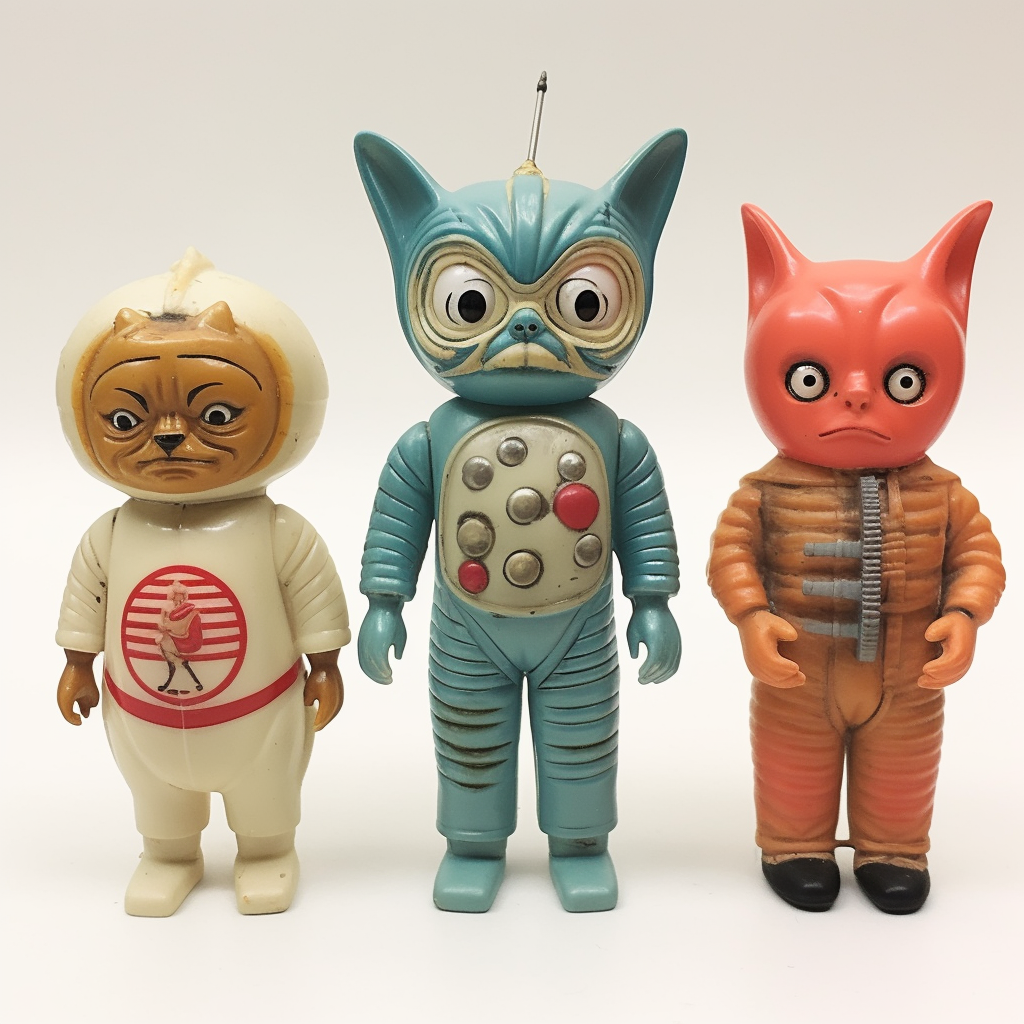 Three sizes vintage Japanese horror figures on white background.