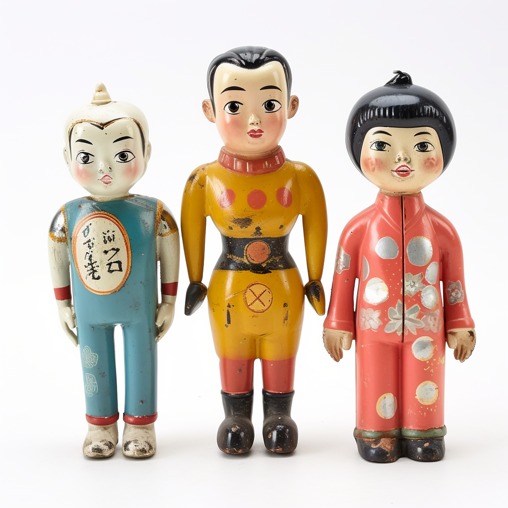 Three vintage Japanese sofvi figures, varying sizes, colorful.