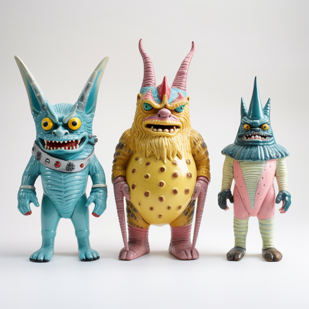 Three vintage kaiju figures: different sizes, Japanese, 1960s.