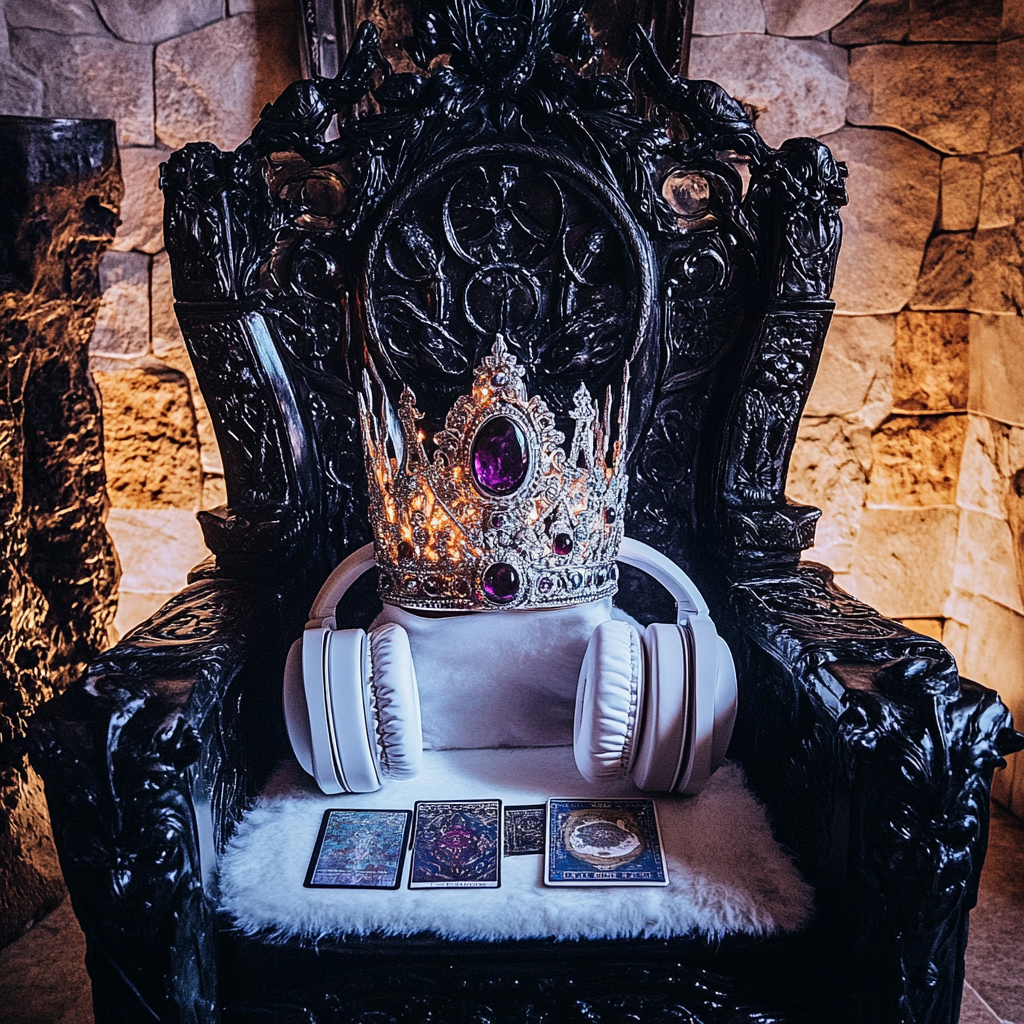 Throne chair with crown, headphones, and tarot deck.