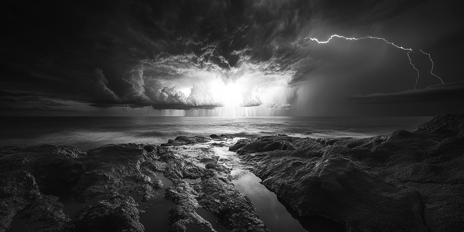 Thunderstorm rolling in over ocean, glowing lightning illuminating clouds