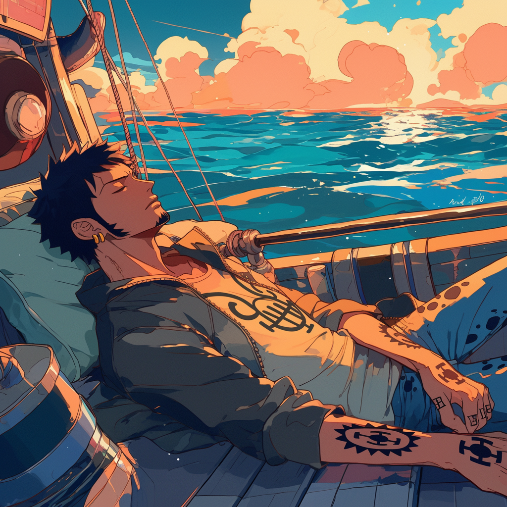 Trafalgar Law napping on Polar Tang submarine at sunset.