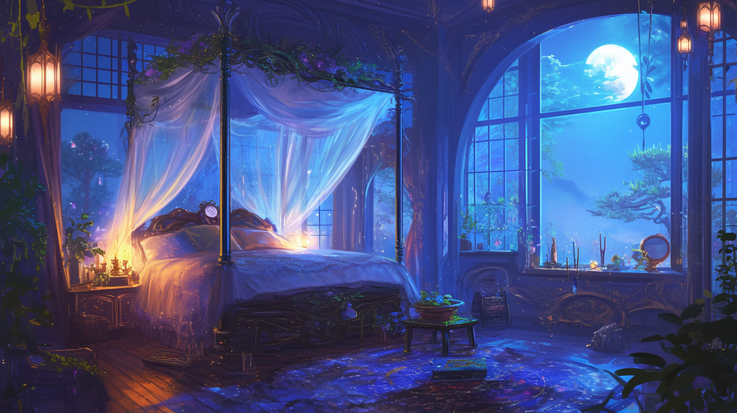 Tranquil Canopied Bed with Floating Lanterns and Magical Tapestries