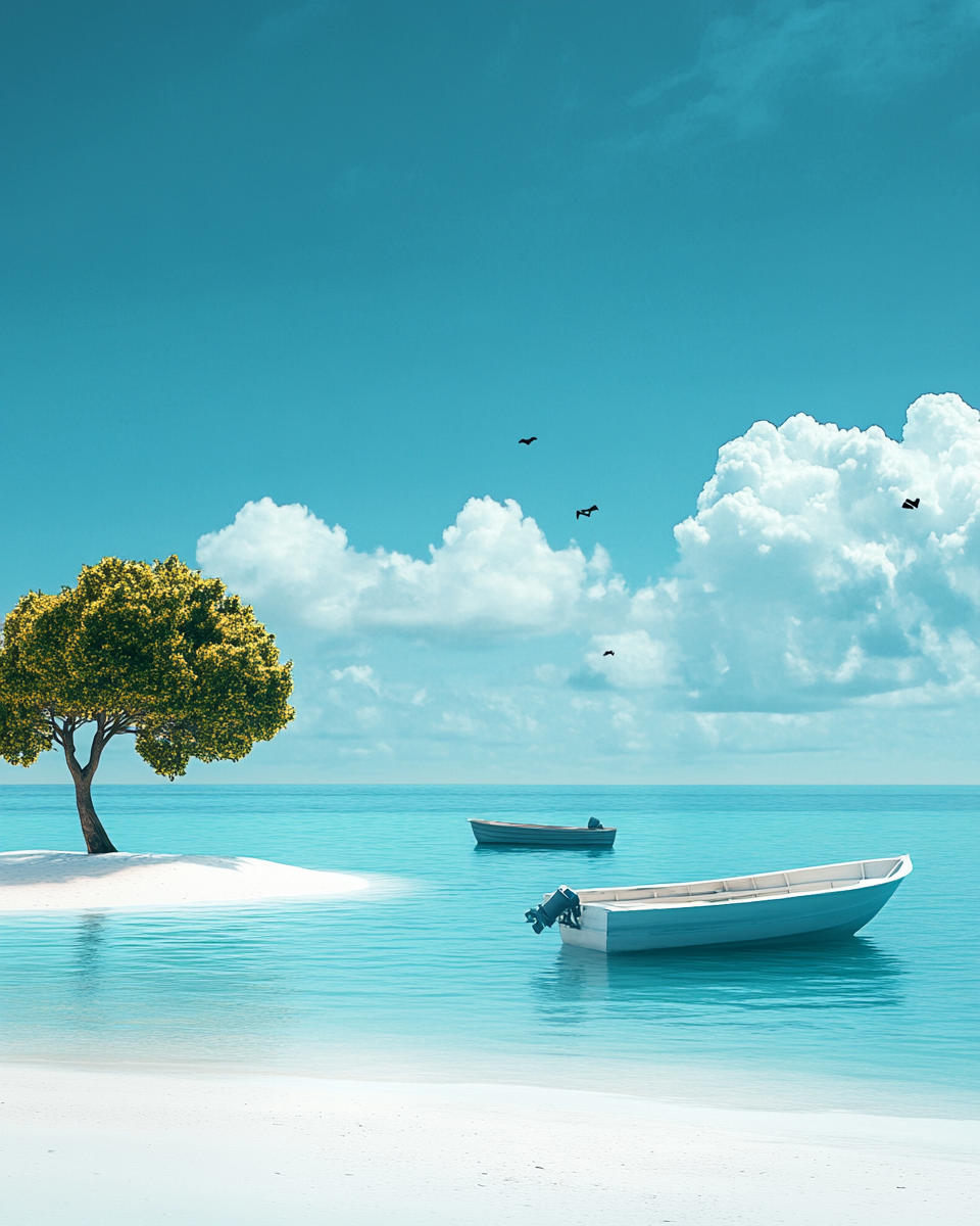 Tranquil sea view with boats, tree, and clouds.