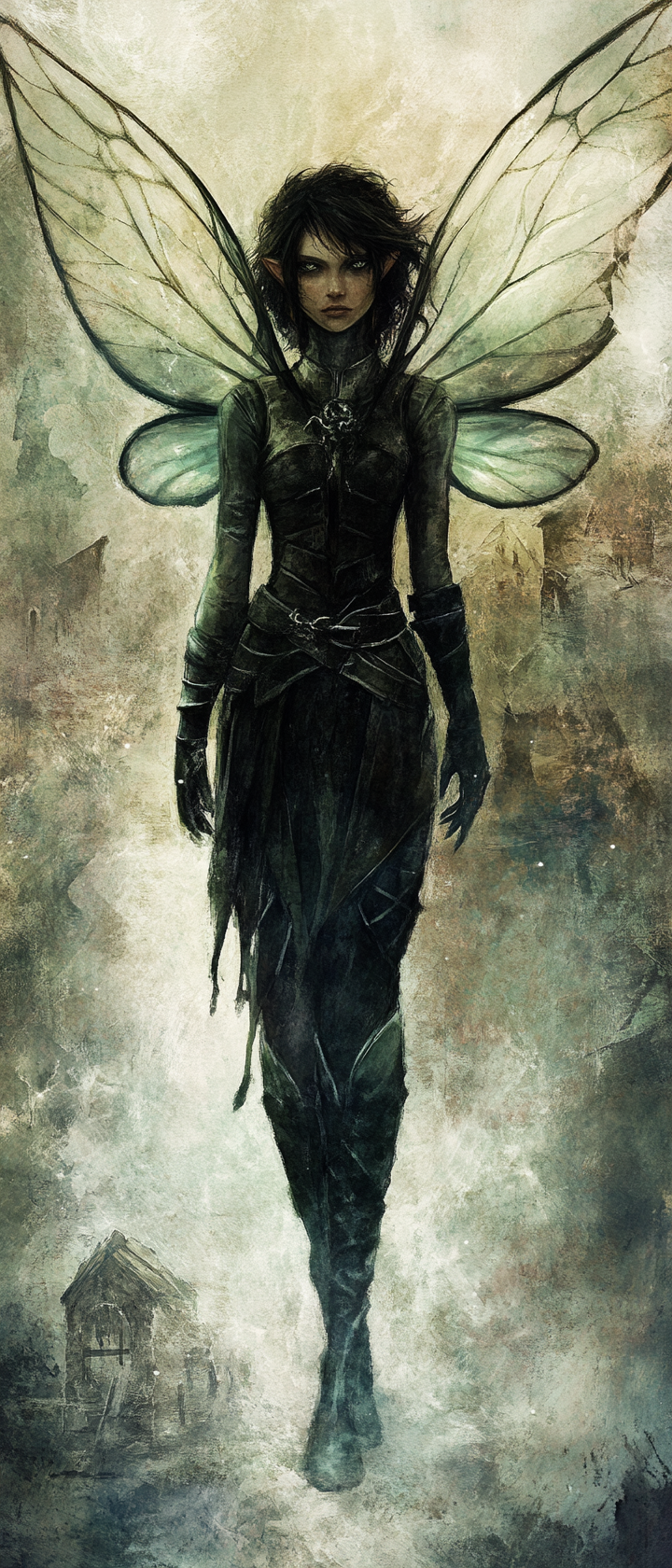 Translucent-winged tinker in eerie medieval city. Ethereal art.