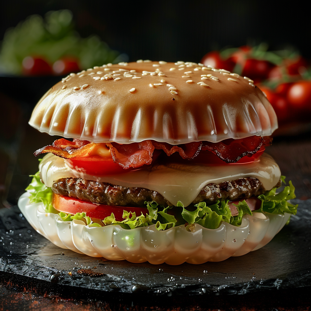 Transparent jellyfish buns with beef, bacon, lettuce and tomato.