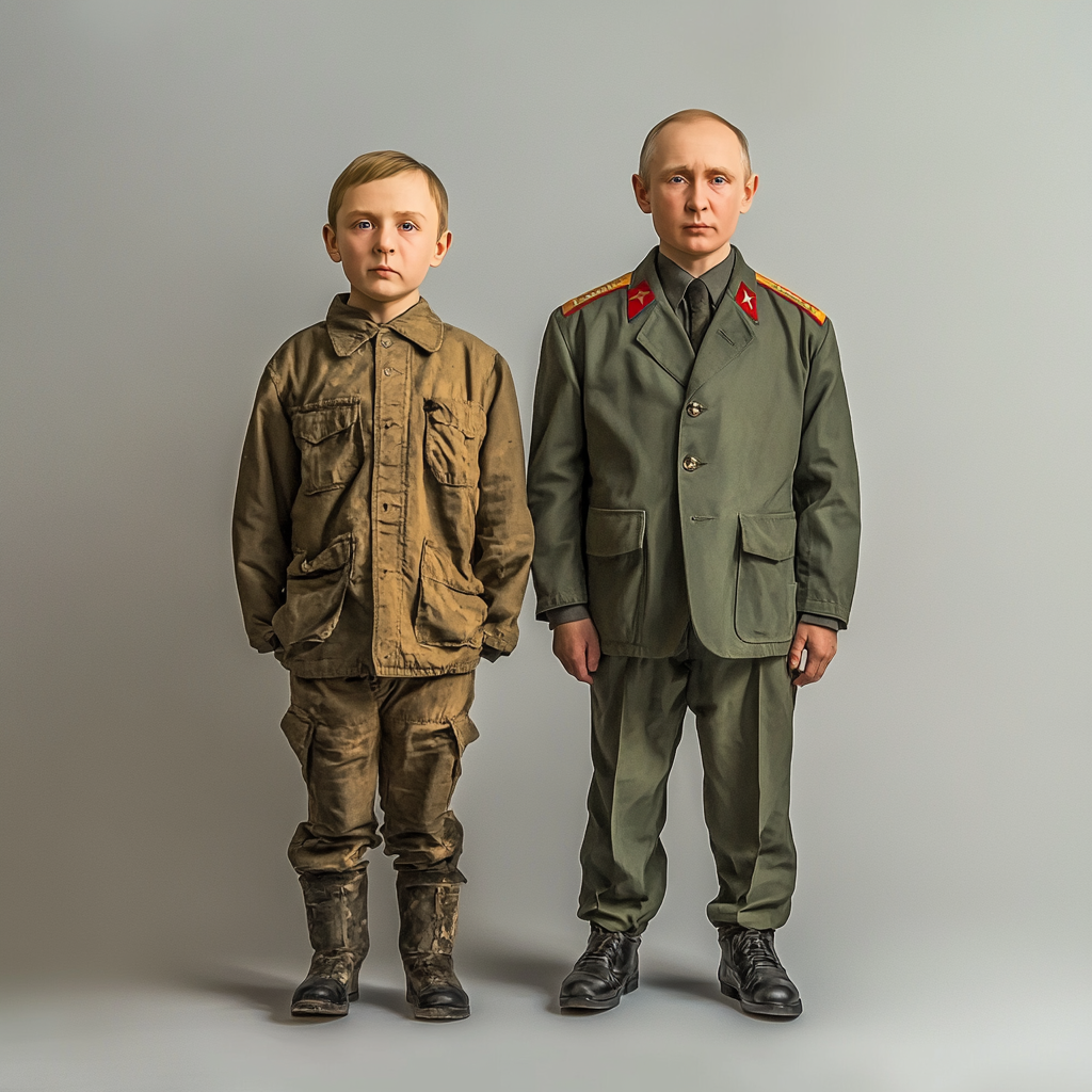 Two boys with Vladimir Putin faces, one taller.