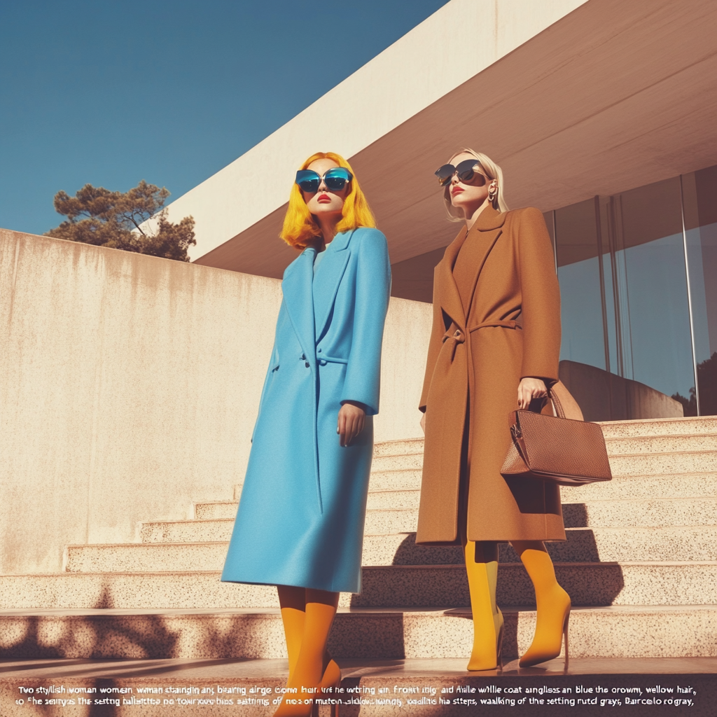 Two fashionable women at Barcelona Pavilion in stylish outfits.