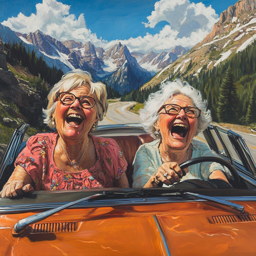 Two happy elderly women, flying convertible with wings laughing.