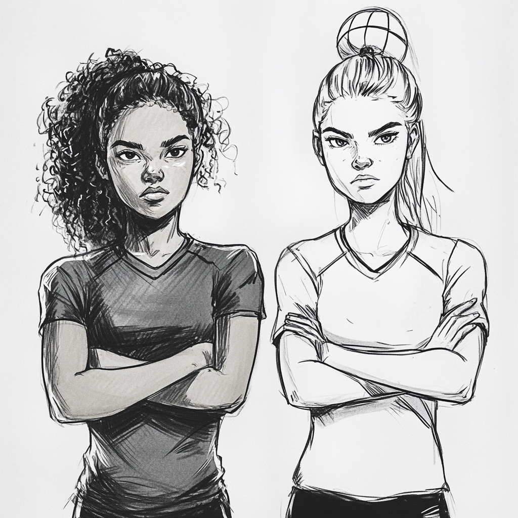 Two high school volleyball girls in sketch style drawing.