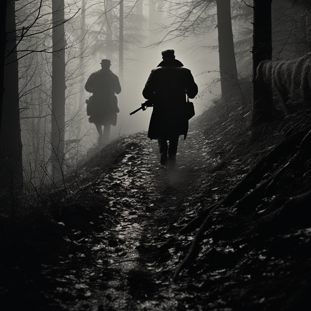 Two men in black mackintoshes run through dense forest.