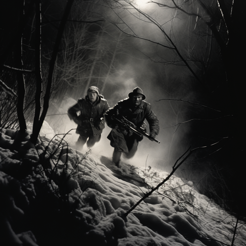 Two men in black run through dense forest at night.