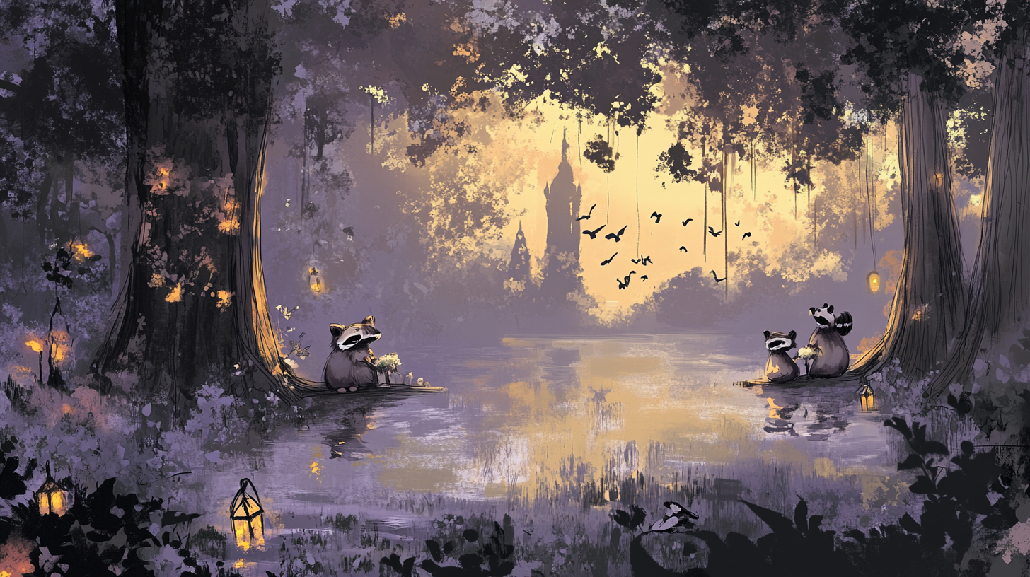 Two raccoons getting married in a cypress swamp.