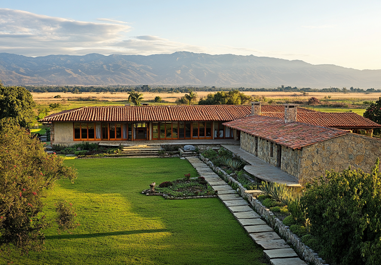 Two story ranch with courtyard, large windows, Oaxaca art.