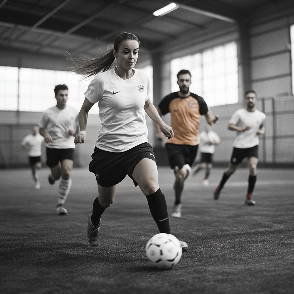 Two teams playing indoor soccer on synthetic grass.