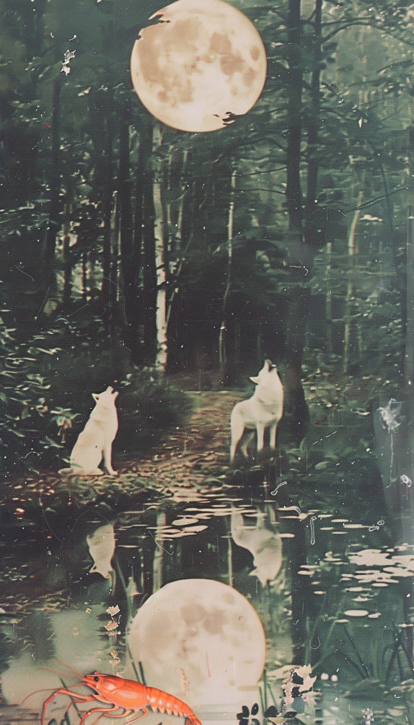 Two white wolves beneath glowing moon in forest scene.