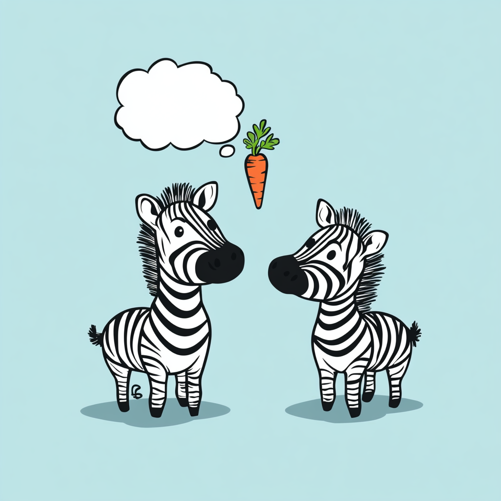 Two zebras with thought bubble and carrot.