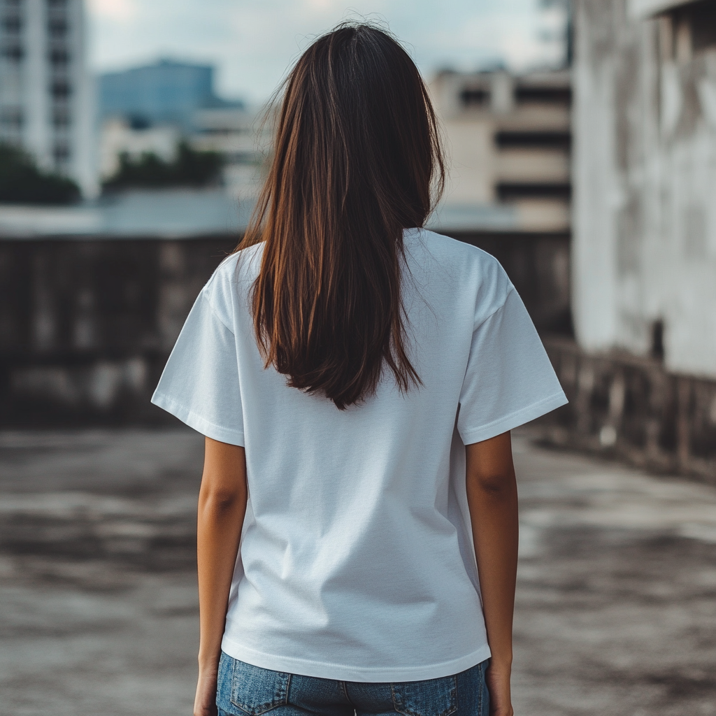 Urban setting, woman wearing white t-shirt, close-up shots.