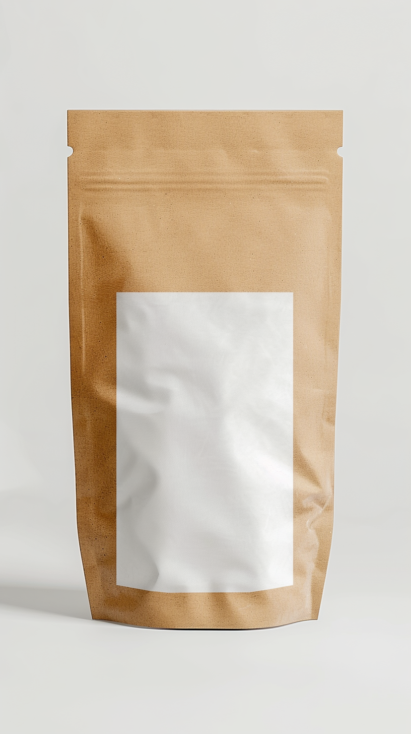 Vacuum cleaner bag with brown paper sticker, white background.