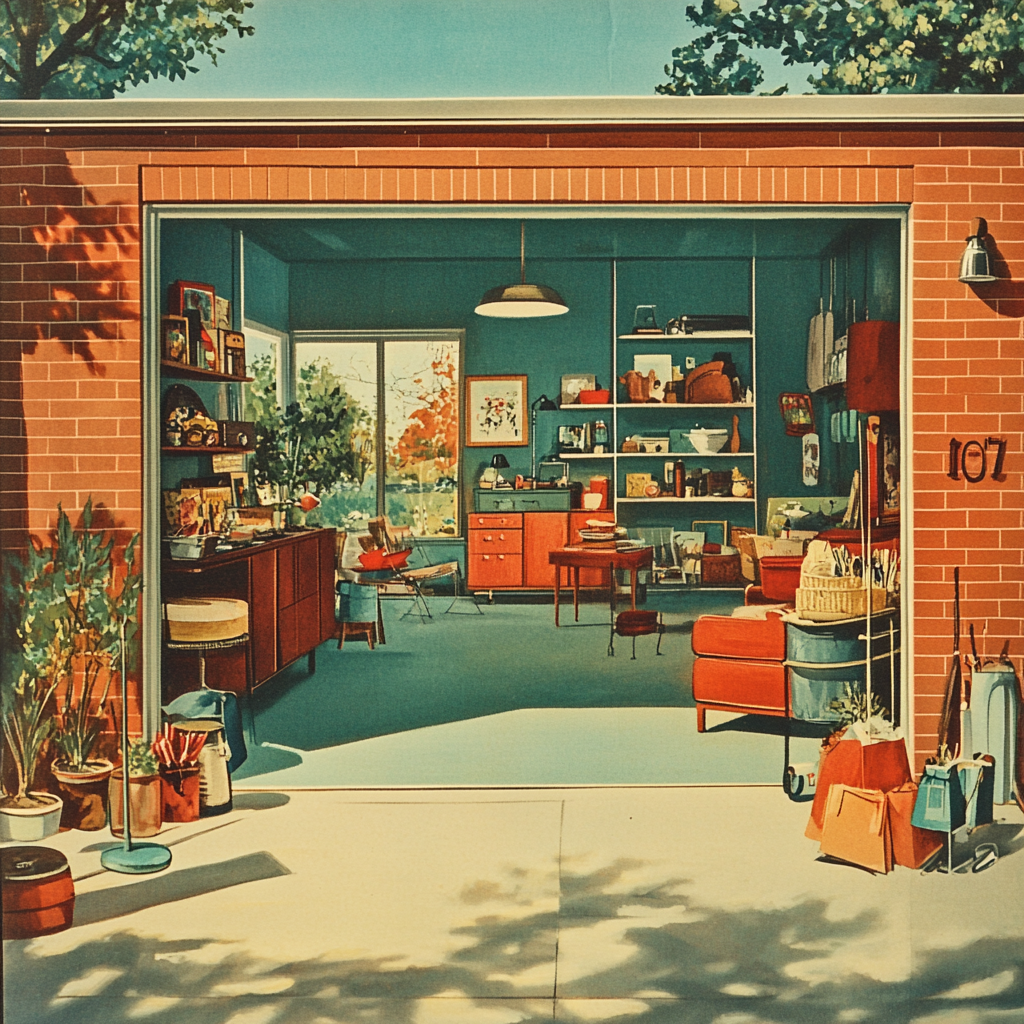 Various mid century decor items in open garage.