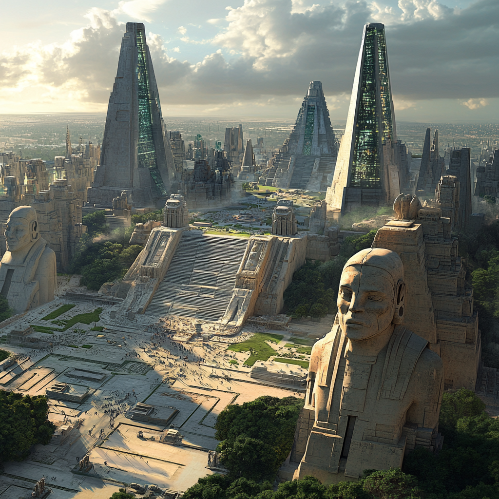 Vast modern city with ancient Olmec monuments blending.