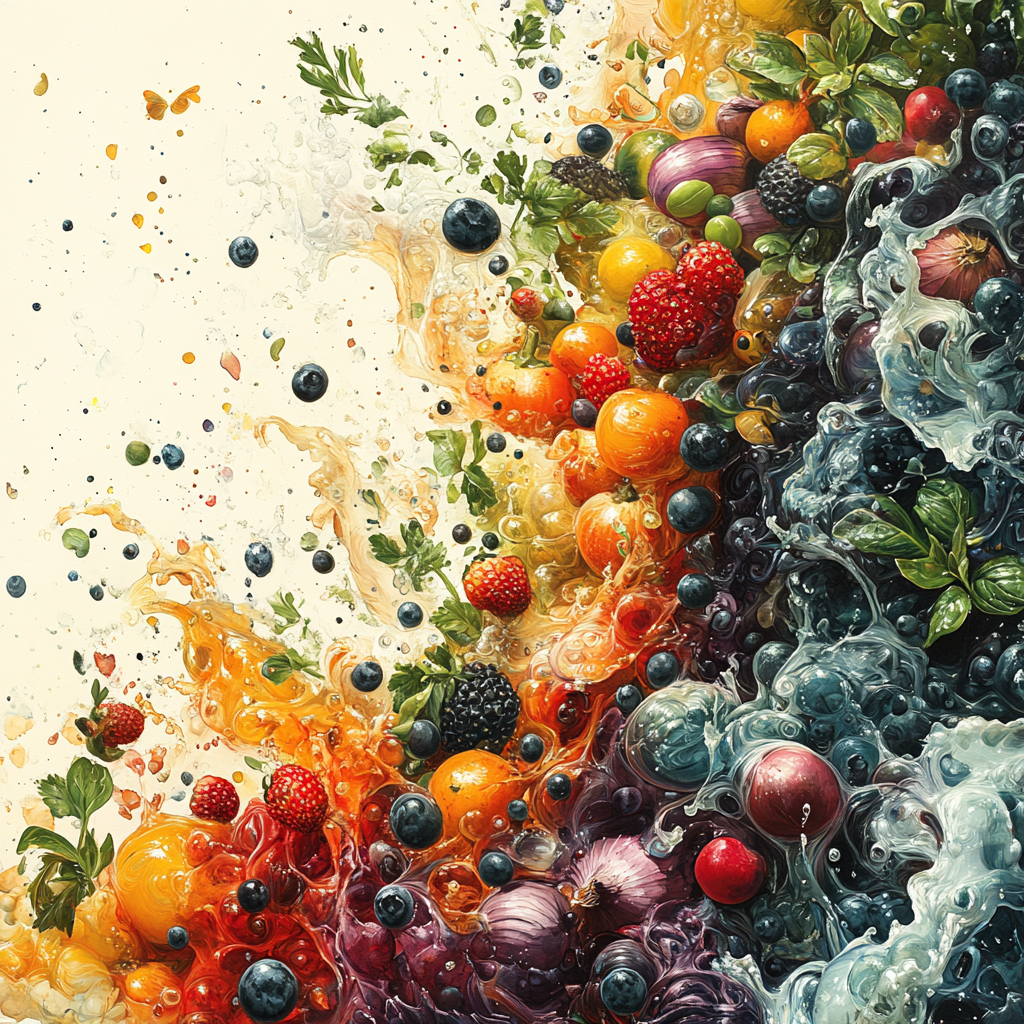 Vibrant, imaginative vegetable illustration for acid-base table cover.