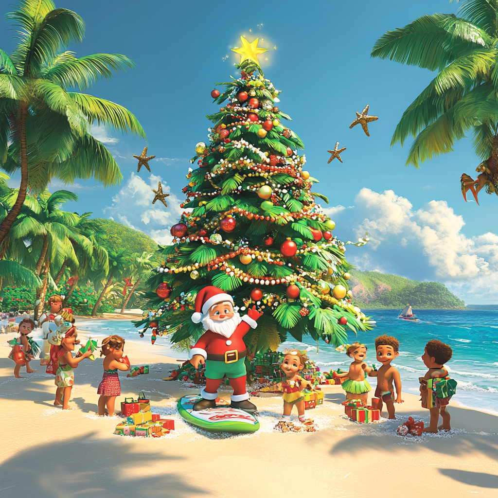 Vibrant Christmas on Tropical Beach with Santa and Children