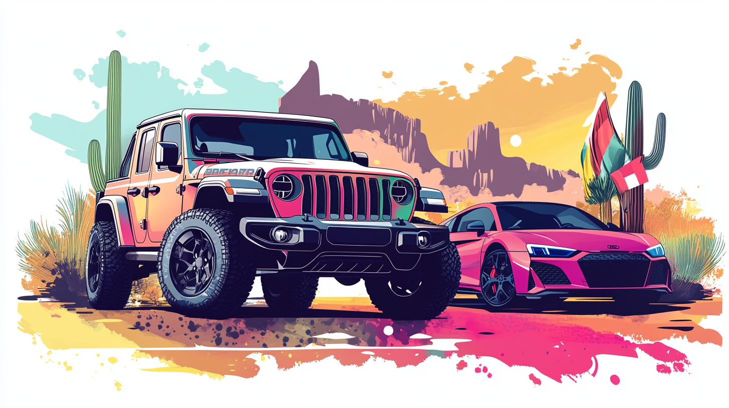 Vibrant Jeep Gladiator and Audi R8 in Arizona desert.