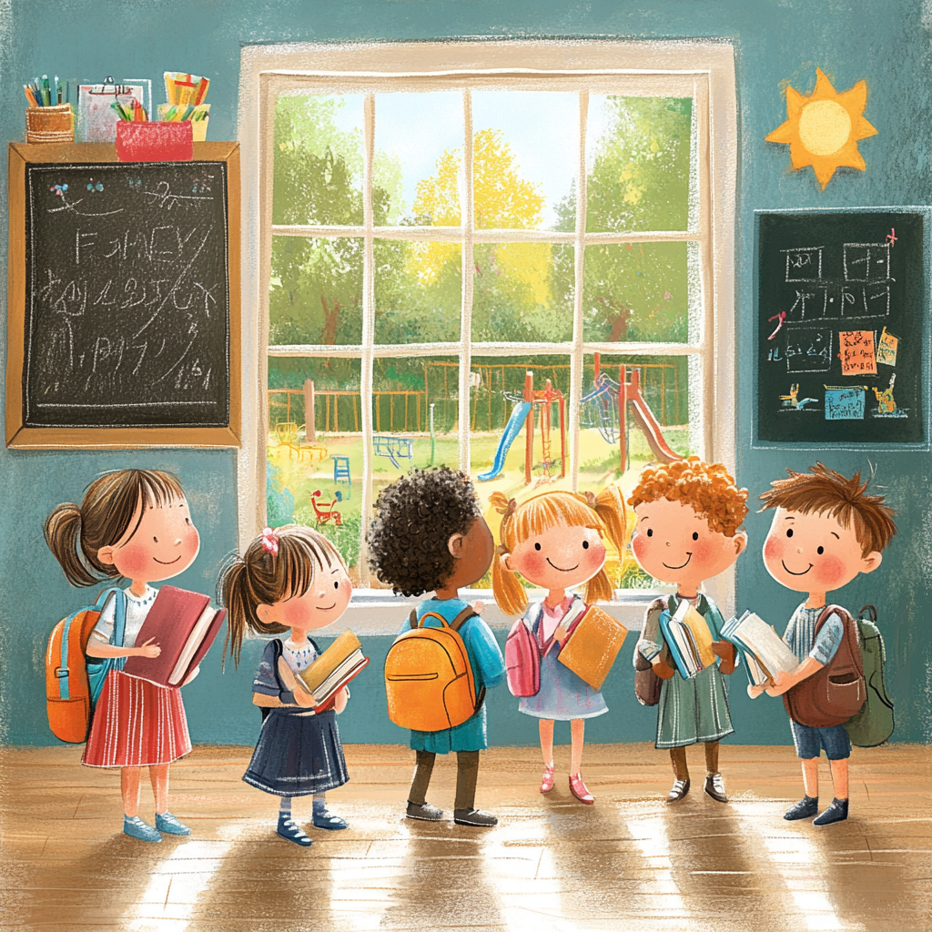 Vibrant first day of school classroom scene with happy children.