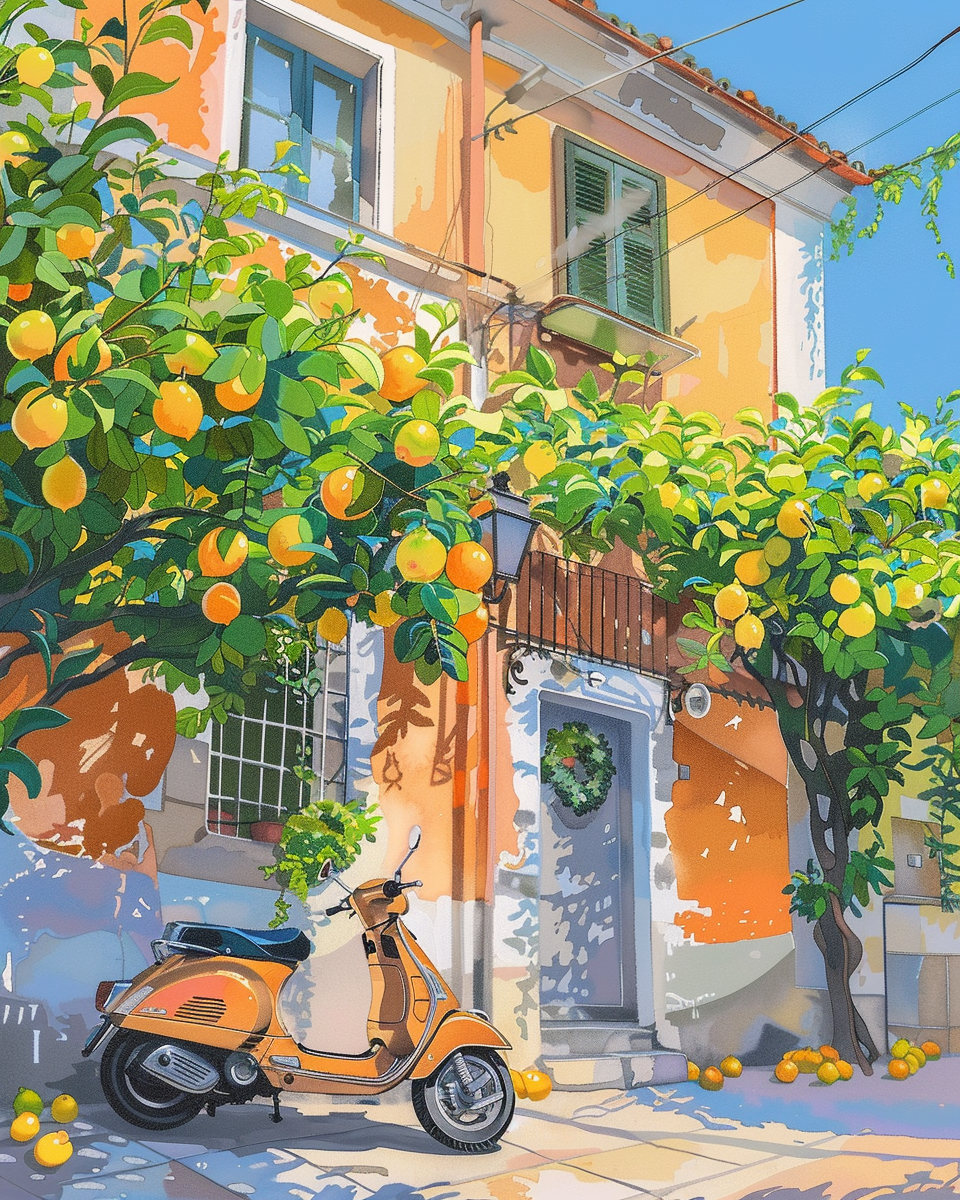 Vibrant lemon trees, vintage Vespa, Sorrento house facade.