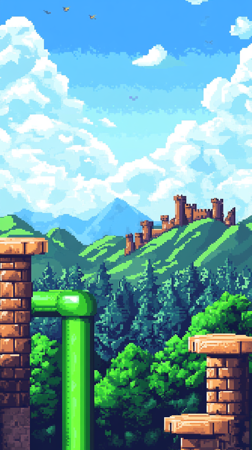 Vibrant pixel video game with whimsical landscape scene.