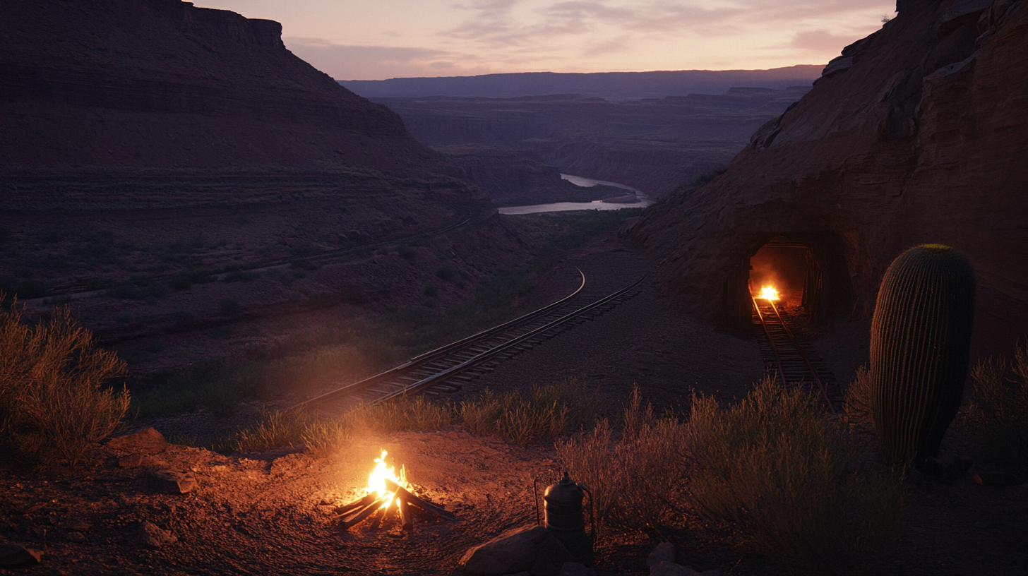 View of campfire surrounded by shadows, mining cavern entrance.