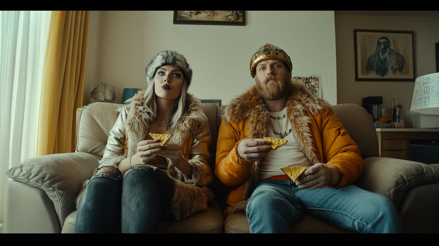 Viking Couple Eating Crisps in Living Room, 4K