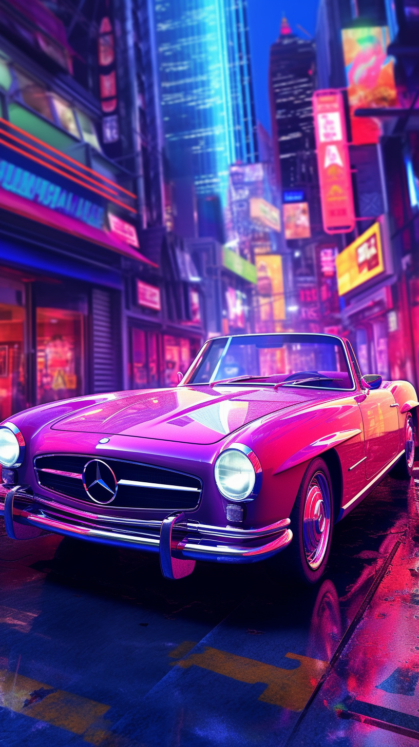 Vintage Mercedes-Benz in neon-lit cyberpunk cityscape.