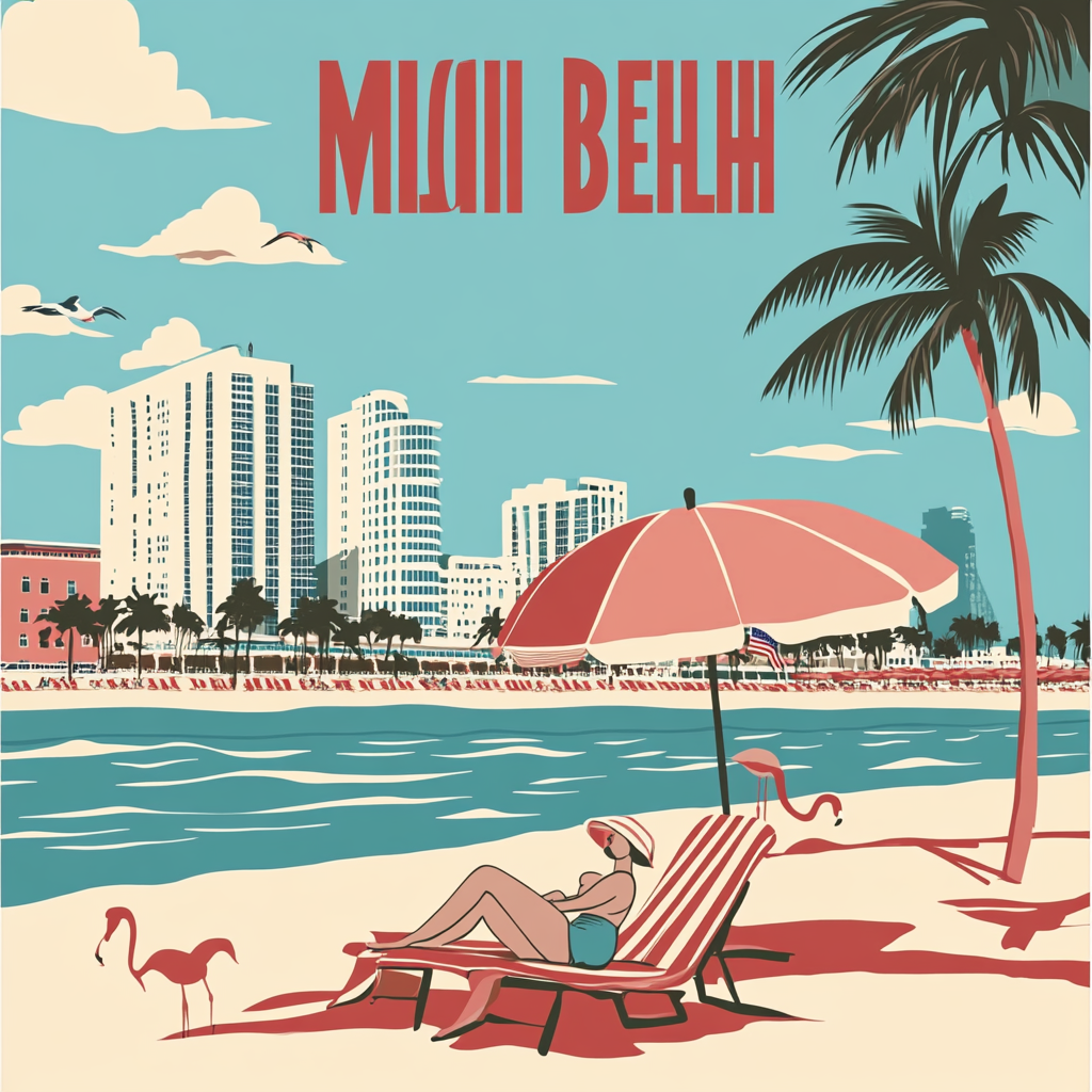 Vintage Miami Beach travel poster with pastel colors.