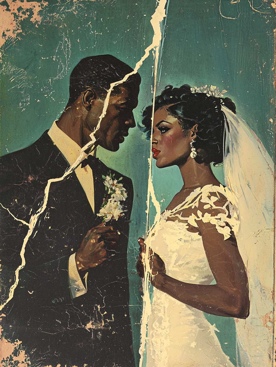 Vintage book cover with African American bride and white groom, split page, lightning bolt, mystery style, realistic, 1930s.