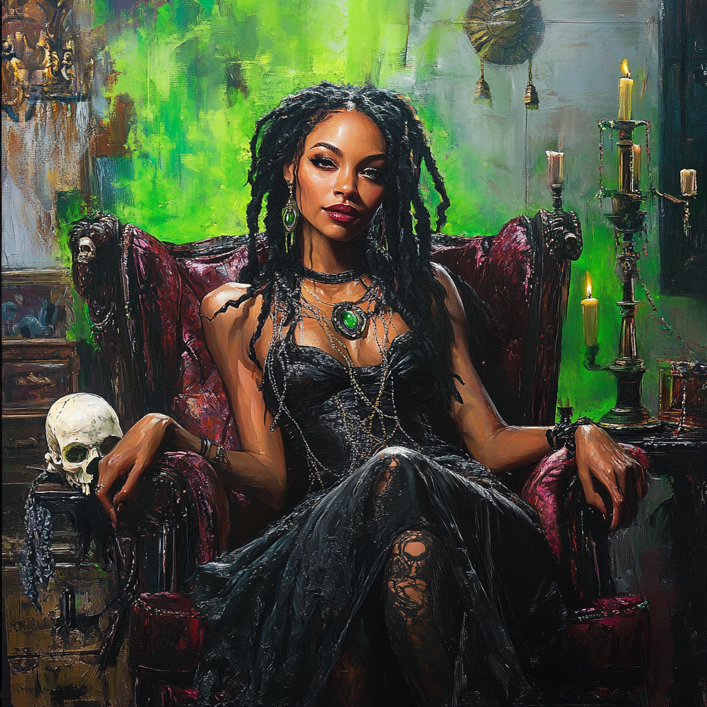 Voodoo witch in New Orleans with black dreadlocks.