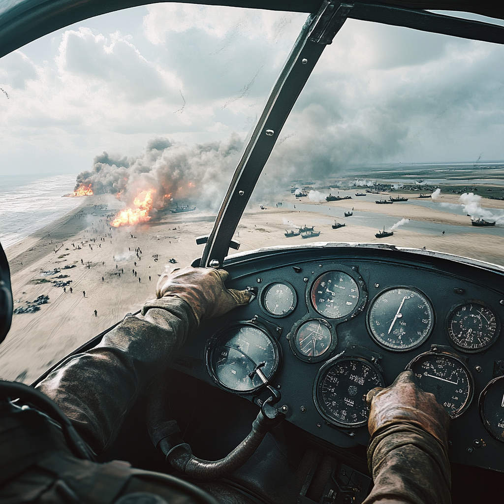 WWII scene of BF109 pilot during Dunkirk strafing.