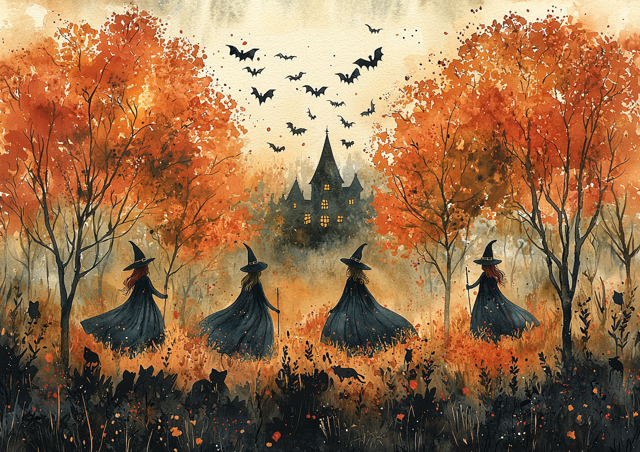 Watercolor Halloween card with witches, black cats, magical vibe.