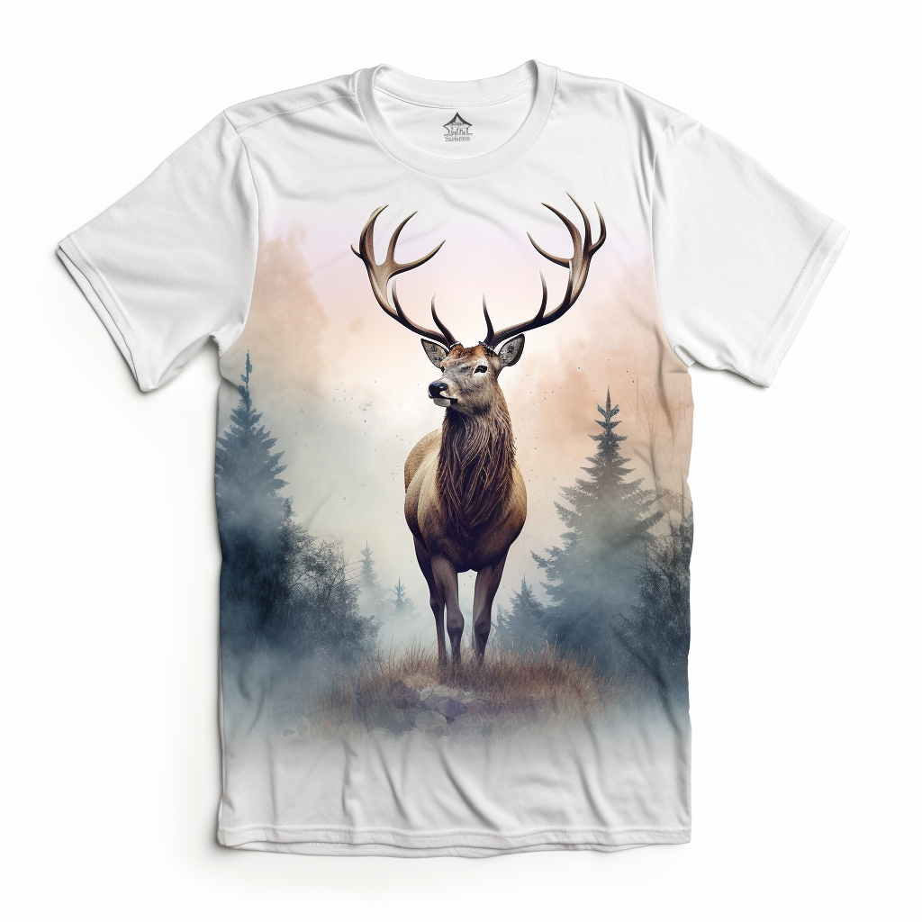 Watercolor illustration of stag in misty forest on shirt.