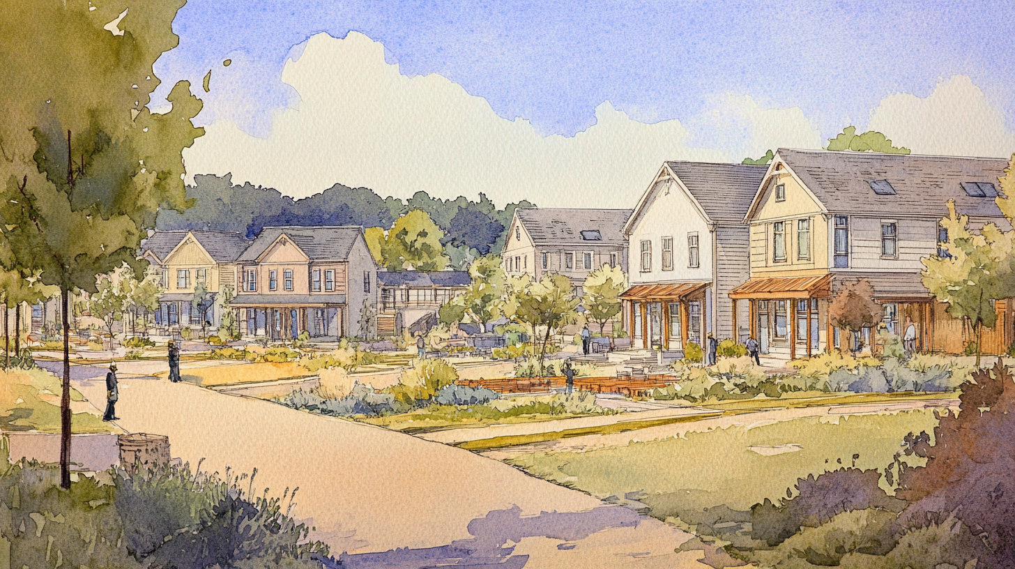 Watercolor painting of residential development with construction workers.