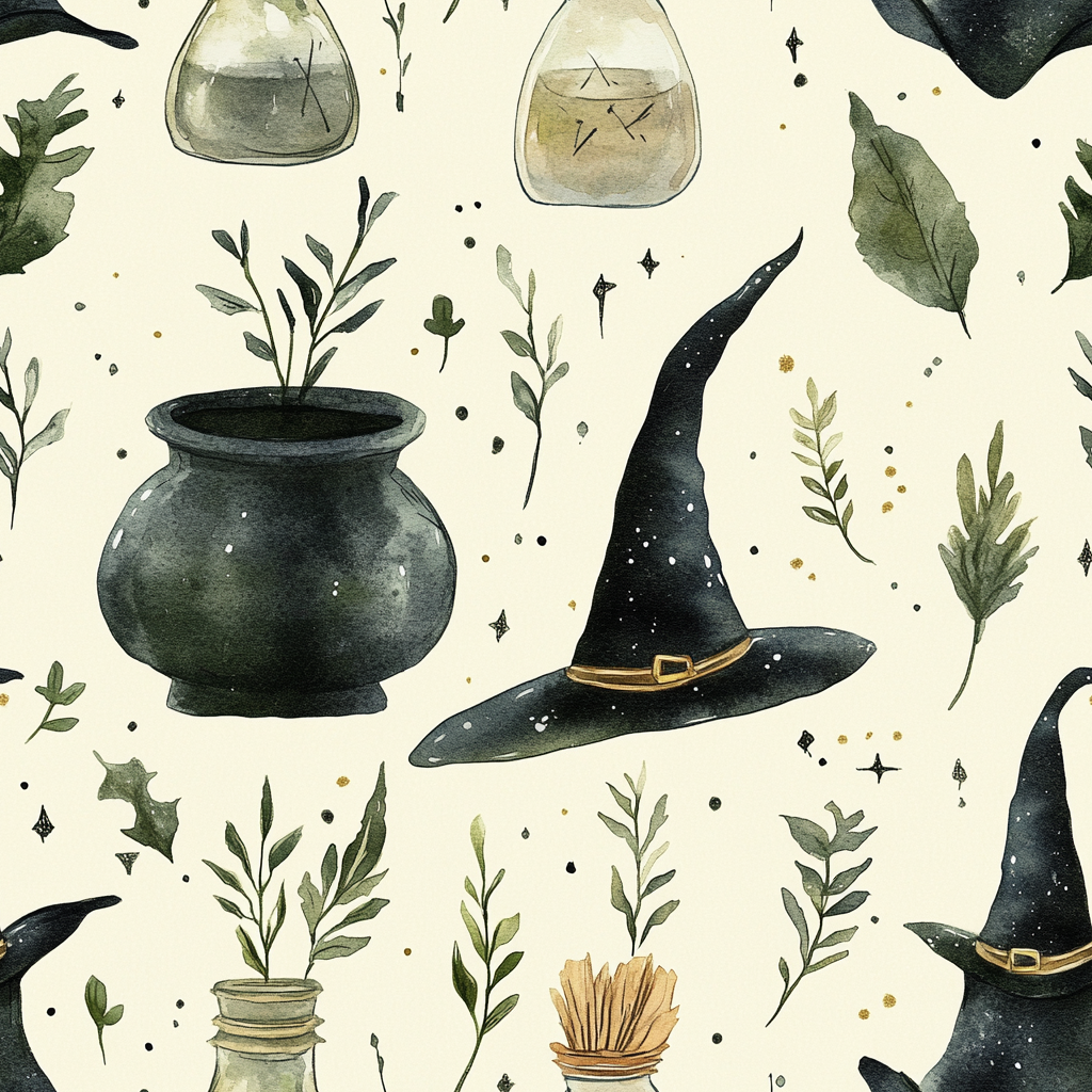 Watercolor witch pattern with hat and cauldron on creme.