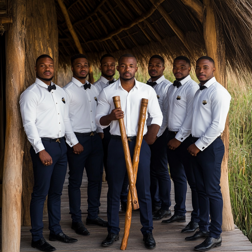 Wedding groom with groomsmen in Botswana photo shoot.