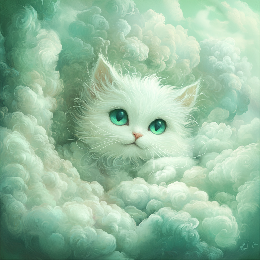 Whimsical White Cat in Dreamy Clouds 