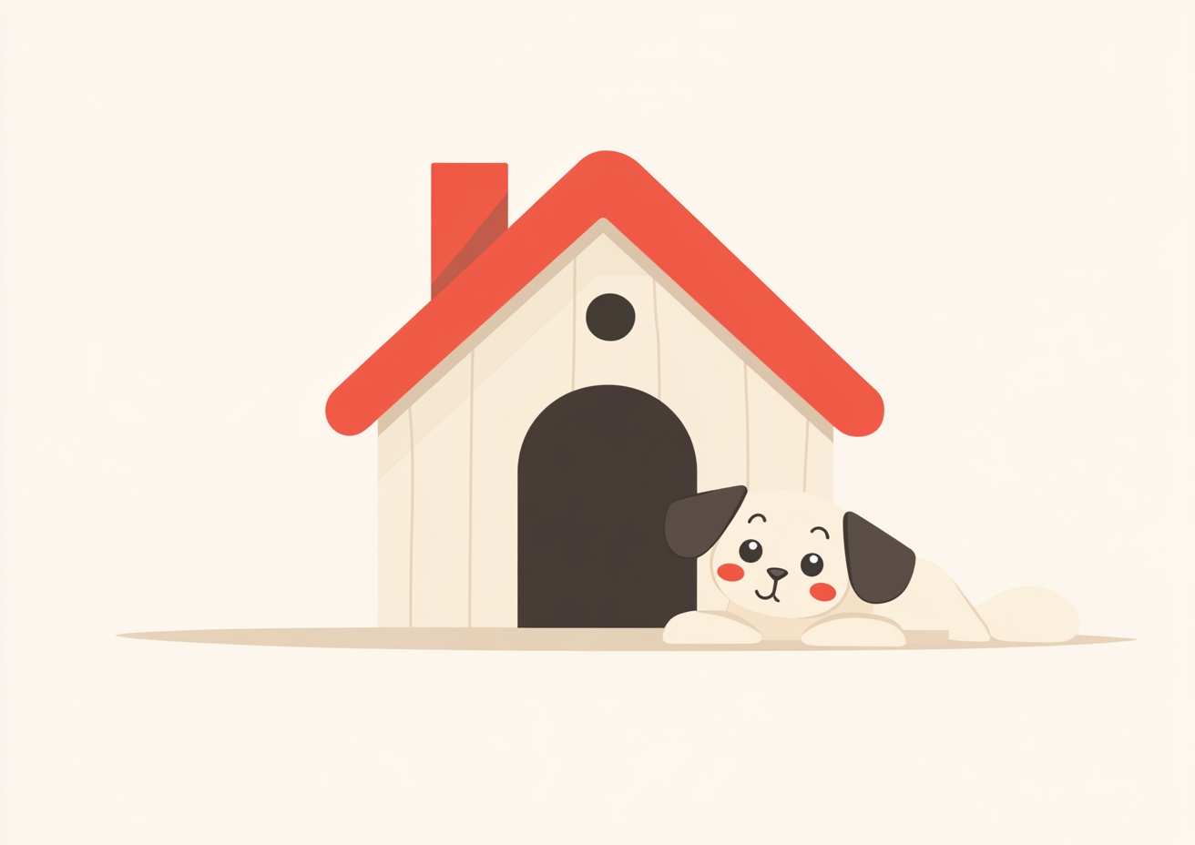 Whimsical dog hut, cute puppy, flat vector illustration.