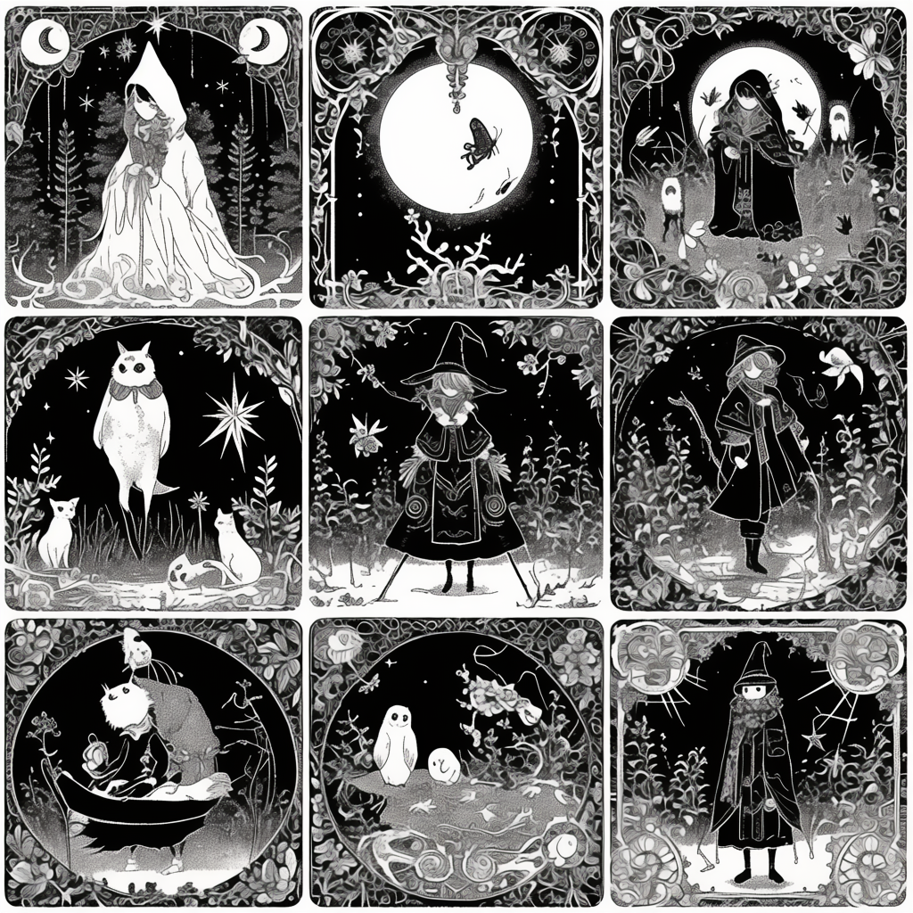 Whimsical vintage black and white illustration with fantasy elements.