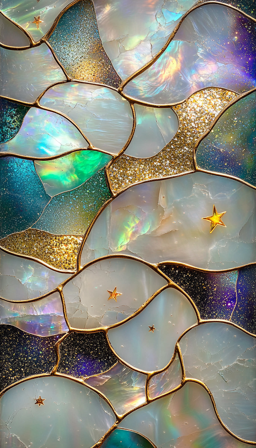 White mother of pearl, iridescent opal stained glass.