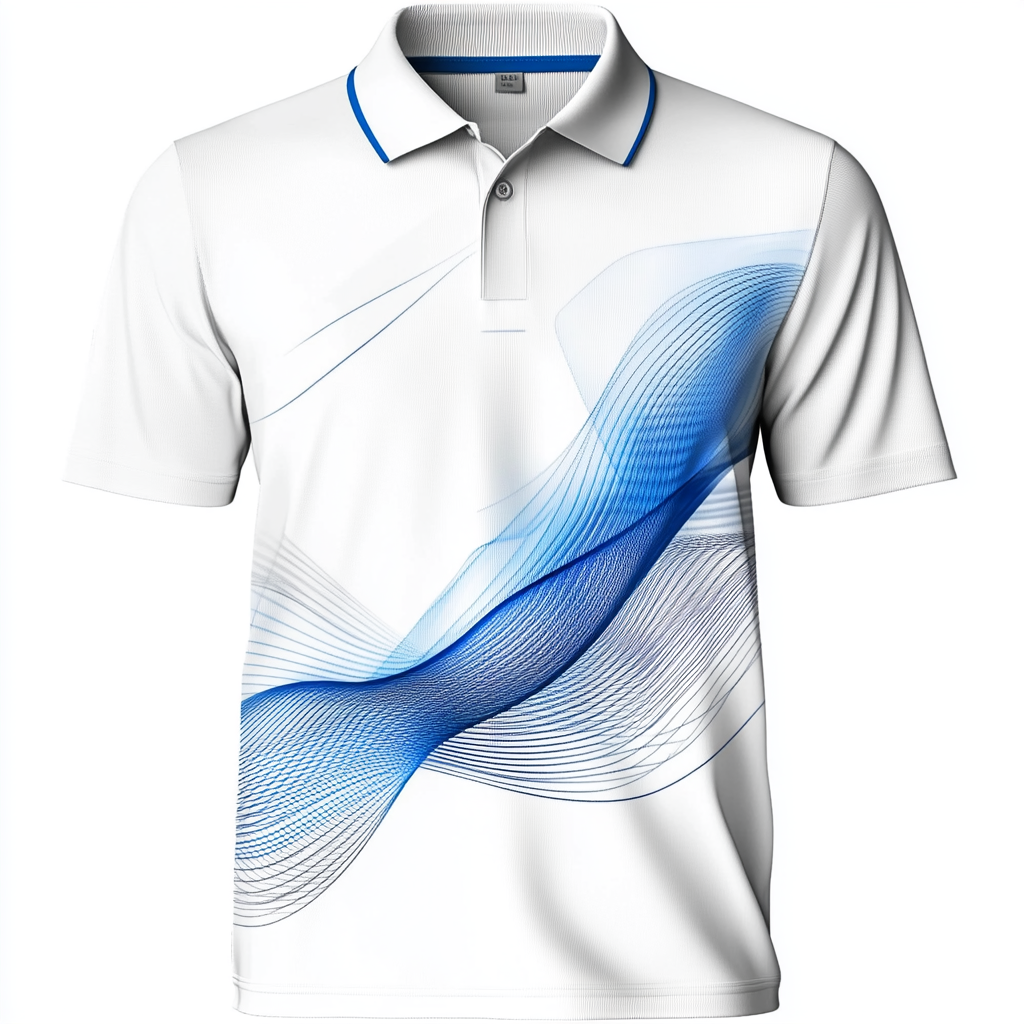 White polo shirt with tech symbols and blue curve.