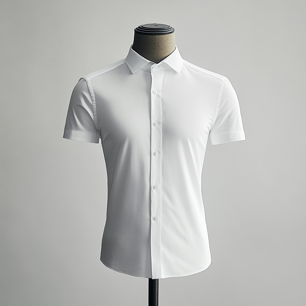 White short-sleeved shirt on mannequin, elegant display.