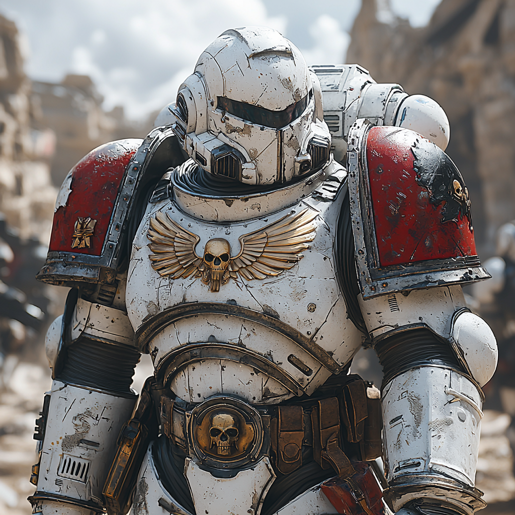 White space marine with red shoulder plates, armed.